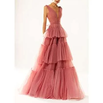 TOOWOOT Women's V-Neck Tiered Tulle Prom Dress Pink