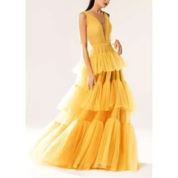 TOOWOOT Women's V-Neck Tiered Tulle Prom Dress Pink