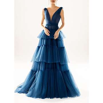 TOOWOOT Women's V-Neck Tiered Tulle Prom Dress Pink