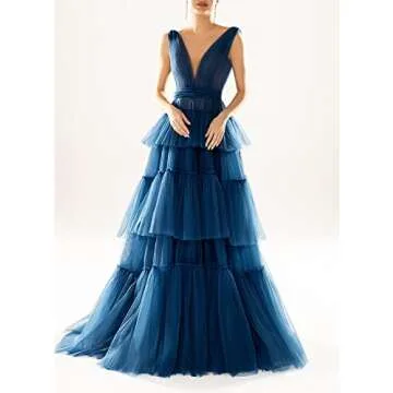 TOOWOOT Women's V-Neck Tiered Tulle Prom Dress Pink