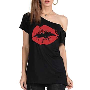 MAGICMK Woman’s Off The Shoulder Lips Top Print Short Sleeve Cotton Sexy Fashion T-Shirt (L, Black...