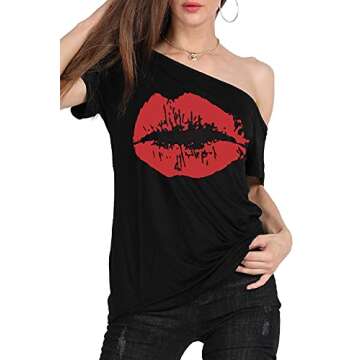 MAGICMK Woman’s Off The Shoulder Lips Top Print Short Sleeve Cotton Sexy Fashion T-Shirt (L, Black+Red1)