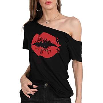 MAGICMK Woman’s Off The Shoulder Lips Top Print Short Sleeve Cotton Sexy Fashion T-Shirt (L, Black+Red1)