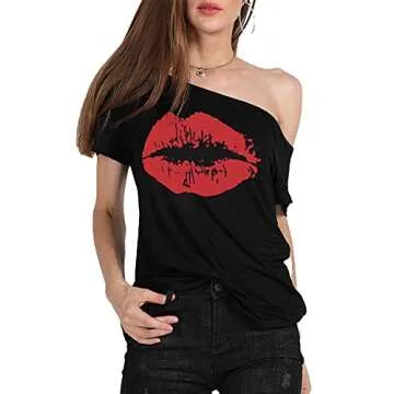 MAGICMK Woman’s Off The Shoulder Lips Top Print Short Sleeve Cotton Sexy Fashion T-Shirt (L, Black+Red1)
