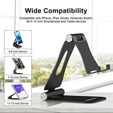 YOSHINE Cell Phone Stand, Upgraded Phone Stand for Desk, Adjustable Tablet Stand, Foldable Portable Aluminum Phone Holder, Cradle, Dock for All iPhone Smartphones and iPad Tablets(4-13in) - Black