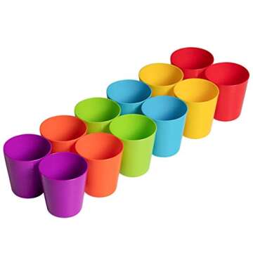 Klickpick Home Kids Plastic Cups, Set of 12 - 8 oz BPA-Free Drinking Cups Tumblers, Reusable, Dishwasher Safe, Bright Colored, Unbreakable Toddler Cups