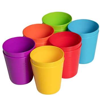 Klickpick Home Kids Plastic Cups, Set of 12 - 8 oz BPA-Free Drinking Cups Tumblers, Reusable, Dishwasher Safe, Bright Colored, Unbreakable Toddler Cups