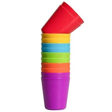 Klickpick Home Kids Plastic Cups, Set of 12 - 8 oz BPA-Free Drinking Cups Tumblers, Reusable, Dishwasher Safe, Bright Colored, Unbreakable Toddler Cups