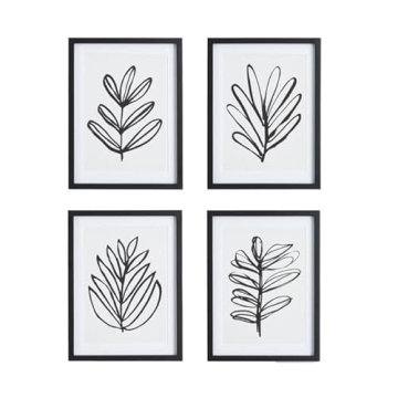 MY SWANKY HOME Set of 4 Black and White Leaf Drawing Outline Prints Modern Minimalist Botanical