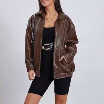 ABYOVRT Women Leather Bomber Jacket Oversized Zip Up Faux Leather Jacket Vintage Coat Fall Fashion 2...