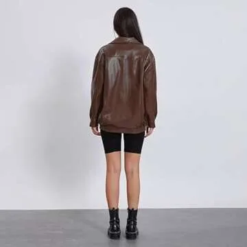 ABYOVRT Women Leather Bomber Jacket Oversized Zip Up Faux Leather Jacket Vintage Coat Fall Fashion 2023 (Brown,M)