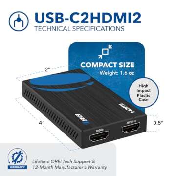 OREI SplitExtend HDMI Splitter Extended Display for Dual Monitor - Multi-Monitor Display 3 Separate Screens - USB A & USB-C Adapter to HDMI 2.0, 4K@30Hz Output 1, 1080p Output 2 for Windows, Mac OS G