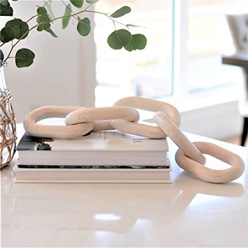 WHITE OAK VILLAGE 22" Wood Chain Link Decor and Beaded Garland Set - Hand Carved Decorative Wood Chain, Farmhouse Decor, Wooden Chain Link, Coffee Table Decor, Shelf Decor, White Washed