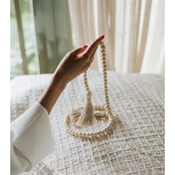 WHITE OAK VILLAGE 22" Wood Chain Link Decor and Beaded Garland Set - Hand Carved Decorative Wood Chain, Farmhouse Decor, Wooden Chain Link, Coffee Table Decor, Shelf Decor, White Washed