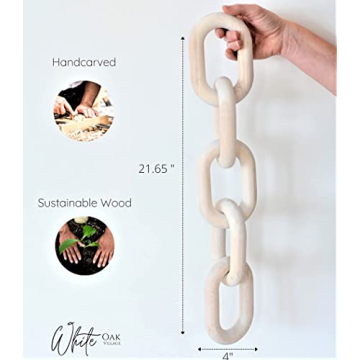 WHITE OAK VILLAGE 22" Wood Chain Link Decor and Beaded Garland Set - Hand Carved Decorative Wood Chain, Farmhouse Decor, Wooden Chain Link, Coffee Table Decor, Shelf Decor, White Washed