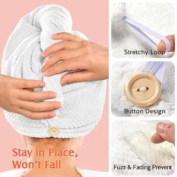 YFONG 2 Pack Microfiber Hair Towel Wrap for Women, Super Absorbent Quick Dry Hair Turban for All Hair Style Anti Frizz, Large Hair Drying Towel with Button