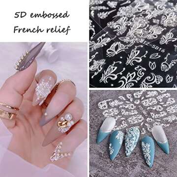 French Nail Art Sticker Decals 5D Embossed French Pattern Roses White Nail Art Accessories Self-Adhe...