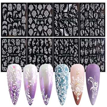 French Nail Art Sticker Decals 5D Embossed French Pattern Roses White Nail Art Accessories Self-Adhesive Nail Art Supplies Decoration Retro Classic Acrylic Nails Design, 8 Sheets