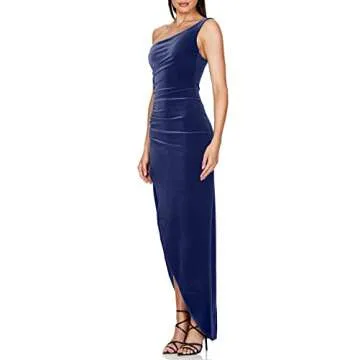 L'VOW Women's Elegant Ruched Velvet Gown One Shoulder High Side Split Bodycon Backless Maxi Evening Formal Dress