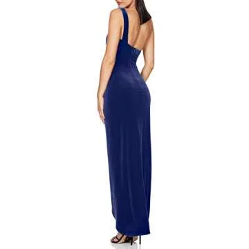 L'VOW Women's Elegant Ruched Velvet Gown One Shoulder High Side Split Bodycon Backless Maxi Evening Formal Dress