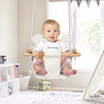 Mlian Secure Canvas and Wooden Baby Hanging Swing Seat Chair Indoor and Outdoor Hammock Backyard Outside Swing Kids Toys Swings 6-36 Months with Ear Décor Cushion and Natural Wooden Ring, Beige