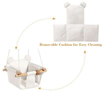 Mlian Secure Canvas and Wooden Baby Hanging Swing Seat Chair Indoor and Outdoor Hammock Backyard Outside Swing Kids Toys Swings 6-36 Months with Ear Décor Cushion and Natural Wooden Ring, Beige