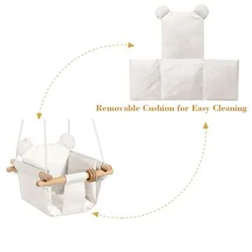 Mlian Secure Canvas and Wooden Baby Hanging Swing Seat Chair Indoor and Outdoor Hammock Backyard Outside Swing Kids Toys Swings 6-36 Months with Ear Décor Cushion and Natural Wooden Ring, Beige