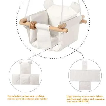 Mlian Secure Canvas and Wooden Baby Hanging Swing Seat Chair Indoor and Outdoor Hammock Backyard Outside Swing Kids Toys Swings 6-36 Months with Ear Décor Cushion and Natural Wooden Ring, Beige