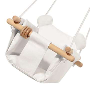 Mlian Secure Canvas and Wooden Baby Hanging Swing Seat Chair Indoor and Outdoor Hammock Backyard Outside Swing Kids Toys Swings 6-36 Months with Ear Décor Cushion and Natural Wooden Ring, Beige