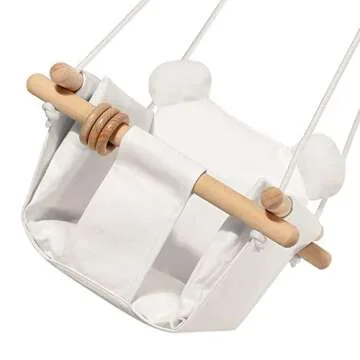 Mlian Secure Canvas and Wooden Baby Hanging Swing Seat Chair Indoor and Outdoor Hammock Backyard Outside Swing Kids Toys Swings 6-36 Months with Ear Décor Cushion and Natural Wooden Ring, Beige