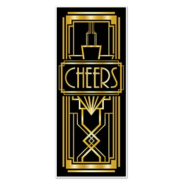 Beistle Plastic Cheers Door Cover, 5’ x 30” - Black & Gold Wall Backdrop, Roaring 20's Party Dec...