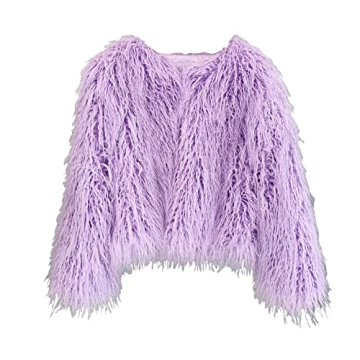 foefaik Spring Winter Fluffy Faux Fur Coat Women's Shaggy Jacket Long Sleeve Outwear Lavender