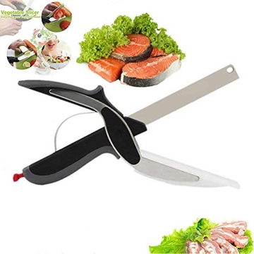 Viiwuu Food Cutter Scissors, Kitchen Food Scissors Slicer Smart Cutter Stainless Steel Knife with Built-in Cutting Board for Vegetables Fruits Chopper, Food Scissors, Vegetable Slicer Black