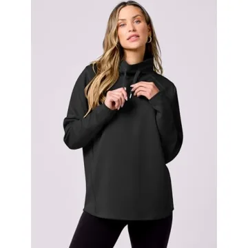Caracilia Women's Mock Neck Sweatshirts Loose Fit Drawstring Pullover Hoodies Casual Tunic Tops 2024 Trendy Fall Clothes Black Medium