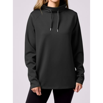 Caracilia Women's Mock Neck Sweatshirts Loose Fit Drawstring Pullover Hoodies Casual Tunic Tops 2024 Trendy Fall Clothes Black Medium