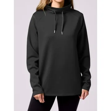 Caracilia Women's Mock Neck Sweatshirts Loose Fit Drawstring Pullover Hoodies Casual Tunic Tops 2024 Trendy Fall Clothes Black Medium