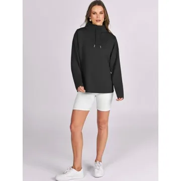 Caracilia Women's Mock Neck Sweatshirts Loose Fit Drawstring Pullover Hoodies Casual Tunic Tops 2024 Trendy Fall Clothes Black Medium