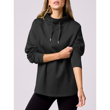 Caracilia Women's Mock Neck Sweatshirts Loose Fit Drawstring Pullover Hoodies Casual Tunic Tops 2024 Trendy Fall Clothes Black Medium