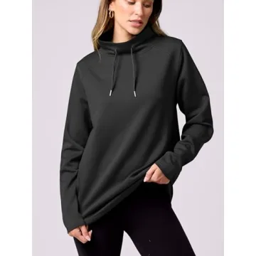 Caracilia Women's Mock Neck Sweatshirts Loose Fit Drawstring Pullover Hoodies Casual Tunic Tops 2024 Trendy Fall Clothes Black Medium