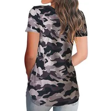 Women Short Sleeve V-Neck T-Shirts Loose Solid Color Tshirts Tee Tops Camo Grey M