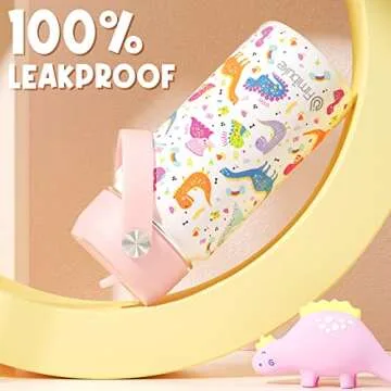 Fimibuke Kids Insulated Water Bottle, 14oz BPA FREE 18/8 Stainless Steel Travel Tumbler Double Wall Vacuum Leak Proof Kids Cup with Straw Metal Bottle for School Boys Girls(1 Pack, WHITE DINOSAUR)