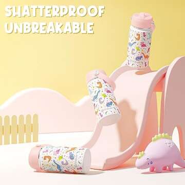 Fimibuke Kids Insulated Water Bottle, 14oz BPA FREE 18/8 Stainless Steel Travel Tumbler Double Wall Vacuum Leak Proof Kids Cup with Straw Metal Bottle for School Boys Girls(1 Pack, WHITE DINOSAUR)