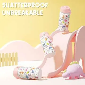 Fimibuke Kids Insulated Water Bottle, 14oz BPA FREE 18/8 Stainless Steel Travel Tumbler Double Wall Vacuum Leak Proof Kids Cup with Straw Metal Bottle for School Boys Girls(1 Pack, WHITE DINOSAUR)