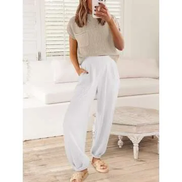 ANRABESS Women's Two Piece Outfits Knit Sweater Vest Crop Top Pants Lounge Matching Tracksuit Sweatsuit Travel Clothes Sets Khaki White X-Large