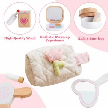 Wooden Makeup Toy Set for Toddlers, 16 Pieces Pretend Play Beauty Salon Kit with Styling Tools, Cosm...