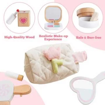 Wooden Makeup Toy Set for Toddlers, 16 Pieces Pretend Play Beauty Salon Kit with Styling Tools, Cosm...