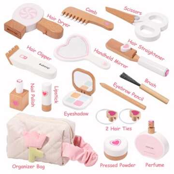 Wooden Makeup Toy Set for Toddlers, 16 Pieces Pretend Play Beauty Salon Kit with Styling Tools, Cosmetics and Storage Bag for Kids Age 3 4 5 6 7 8 Years Old