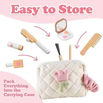 Wooden Makeup Toy Set for Toddlers, 16 Pieces Pretend Play Beauty Salon Kit with Styling Tools, Cosmetics and Storage Bag for Kids Age 3 4 5 6 7 8 Years Old