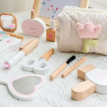 Wooden Makeup Toy Set for Toddlers, 16 Pieces Pretend Play Beauty Salon Kit with Styling Tools, Cosmetics and Storage Bag for Kids Age 3 4 5 6 7 8 Years Old