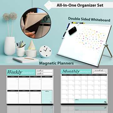 Dry Erase White Board for Desktop & Wall 12"x16" with 2 Magnetic Removable Planners - Weekly & Monthly to Do List Board with Stand, 6 Markers Eraser & Wall Hangers - Portable Double Sided Magnetic